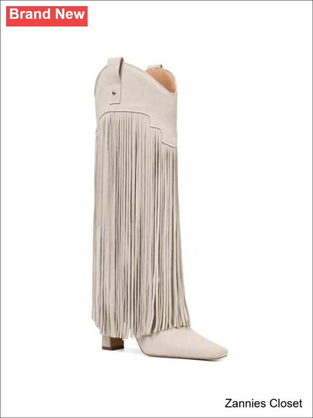 ✨ Knee High Boots Fringe Square Toe Chunky Heel Pull On Suede Tall Boot
